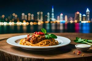 Spaghetti mit Fleisch und Soße auf ein Teller im Vorderseite von das Stadt Horizont. KI-generiert foto