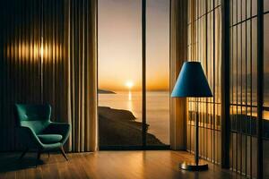 ein Stuhl und Lampe im Vorderseite von ein groß Fenster mit ein Aussicht von das Ozean. KI-generiert foto