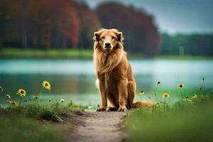 ein golden Retriever Sitzung auf das Pfad in der Nähe von ein See. KI-generiert foto