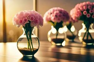 Rosa Blumen im Vasen auf ein Tisch. KI-generiert foto