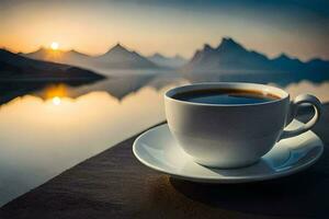 ein Tasse von Kaffee auf ein Tabelle im Vorderseite von ein See. KI-generiert foto