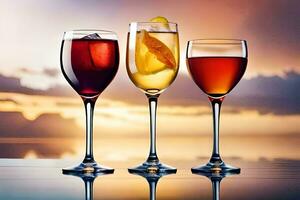 drei Brille von Wein mit anders Getränke auf ein Tisch. KI-generiert foto