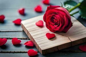 ein Single rot Rose auf ein hölzern Tafel mit Herzen. KI-generiert foto