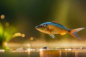 ein Fisch ist fliegend Über Wasser mit Gras und Felsen. KI-generiert foto