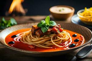 Spaghetti mit Fleisch und Tomate Soße im ein Schüssel. KI-generiert foto