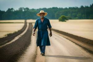 ein Mann im ein Blau Kleid und Hut Gehen Nieder ein Schmutz Straße. KI-generiert foto