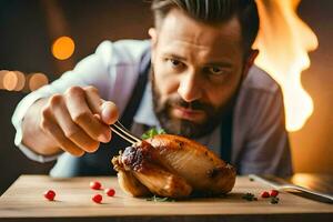 ein Mann mit ein Bart ist halten ein Messer und Gabel während Essen ein geröstet Hähnchen. KI-generiert foto