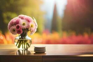 ein Vase von Rosa Blumen sitzt auf ein Tabelle im Vorderseite von ein sonnig Hintergrund. KI-generiert foto