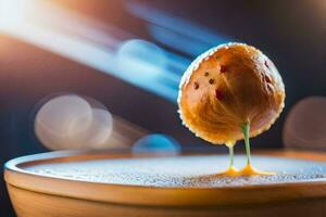 ein klein Ball von Essen Sitzung auf oben von ein hölzern Schüssel. KI-generiert foto