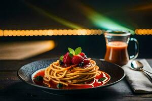 Spaghetti mit Tomate Soße und Beeren auf ein Platte. KI-generiert foto