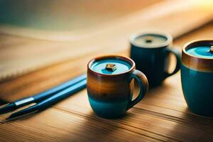 zwei Kaffee Tassen mit Blau und braun Farben auf ein hölzern Tisch. KI-generiert foto