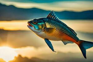 ein Fisch fliegend Über das Wasser beim Sonnenuntergang. KI-generiert foto