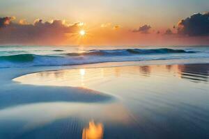 das Sonne steigt an Über das Ozean und Wellen auf ein Strand. KI-generiert foto