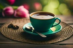 ein Tasse von Kaffee auf ein hölzern Tabelle mit Blumen. KI-generiert foto