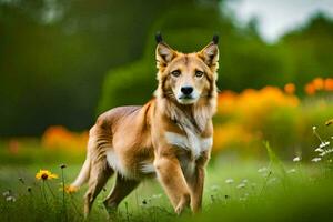 ein Hund ist Gehen durch ein Feld von Blumen. KI-generiert foto