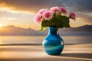 ein Blau Vase mit Rosa Blumen auf das Strand beim Sonnenuntergang. KI-generiert foto