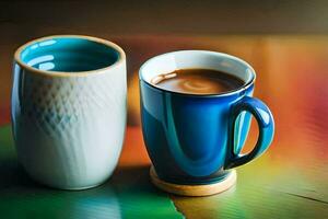 ein Blau Tasse und ein Weiß Tasse auf ein Tisch. KI-generiert foto