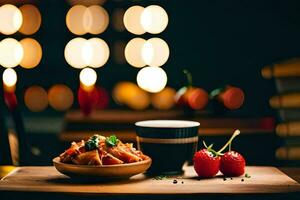 ein Tasse von Kaffee und ein Teller von Pasta mit Erdbeeren auf ein hölzern Tabelle im ein dunkel Zimmer. KI-generiert foto