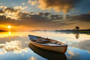 ein Boot sitzt auf das Wasser beim Sonnenuntergang. KI-generiert foto