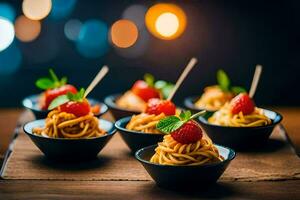 klein Schalen mit Spaghetti und Erdbeeren auf ein hölzern Tisch. KI-generiert foto