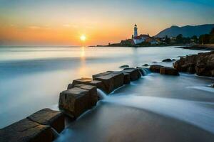 das Sonne setzt Über das Ozean und ein Leuchtturm. KI-generiert foto