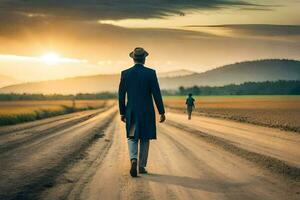 ein Mann im ein Hut Spaziergänge Nieder ein Schmutz Straße beim Sonnenuntergang. KI-generiert foto