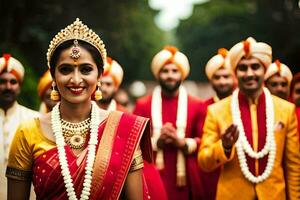 ein Braut im traditionell indisch Kleidung mit ihr Brautjungfern. KI-generiert foto