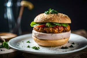 ein Hamburger mit Fleisch und Gemüse auf ein Platte. KI-generiert foto