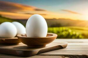 Eier im ein Schüssel auf ein Tabelle mit ein Sonnenuntergang im das Hintergrund. KI-generiert foto