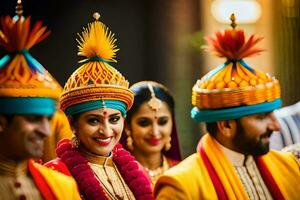 ein Braut und Bräutigam im traditionell indisch Kleidung. KI-generiert foto