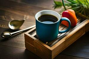 ein Tasse von Kaffee auf ein hölzern Tablett mit ein Löffel und ein Pfeffer. KI-generiert foto