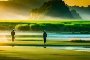 zwei Menschen Gehen entlang ein Fluss mit ein neblig Sonnenaufgang. KI-generiert foto