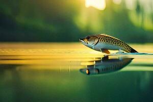 ein Fisch ist Schwimmen im das Wasser beim Sonnenuntergang. KI-generiert foto