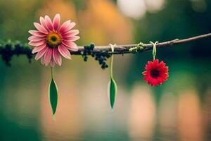 zwei Blumen hängend von ein Ast mit ein See im das Hintergrund. KI-generiert foto