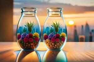 zwei Glas Gläser mit Blumen und Pflanzen im ihnen. KI-generiert foto
