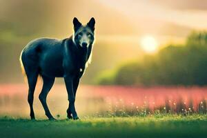 ein Wolf ist Stehen im das Gras beim Sonnenuntergang. KI-generiert foto