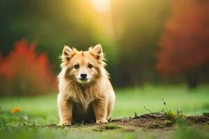 ein klein Hund Sitzung auf das Boden im das Gras. KI-generiert foto