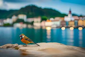 ein Vogel Sitzung auf das Sand in der Nähe von das Wasser. KI-generiert foto