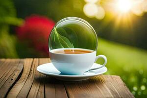 ein Tasse von Tee mit ein Sonne leuchtenden durch Es. KI-generiert foto