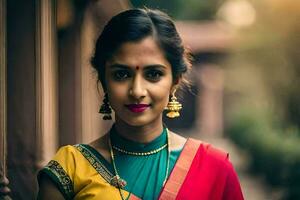 ein schön indisch Frau im ein bunt Sari. KI-generiert foto