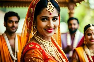 ein schön indisch Braut lächelnd im Vorderseite von ihr Brautjungfern. KI-generiert foto