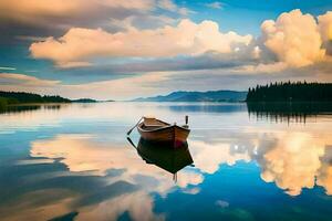 ein Boot ist schwebend im das Wasser mit Wolken reflektiert im das Wasser. KI-generiert foto