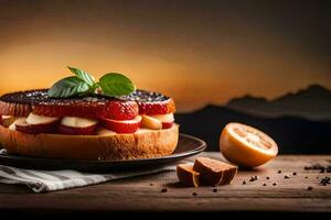 ein Kuchen mit Erdbeeren und Käse auf ein hölzern Tisch. KI-generiert foto