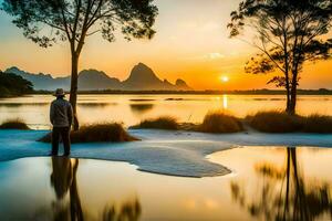 ein Mann steht im das Wasser beim Sonnenuntergang. KI-generiert foto