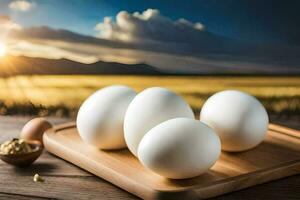 fünf Eier auf ein hölzern Schneiden Tafel mit ein Sonnenuntergang im das Hintergrund. KI-generiert foto