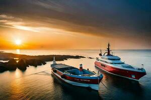 zwei Boote im das Wasser beim Sonnenuntergang. KI-generiert foto