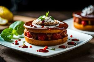 zwei Kuchen mit Erdbeeren und ausgepeitscht Sahne auf ein Platte. KI-generiert foto