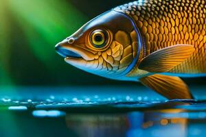 ein Fisch ist gezeigt im das Wasser mit ein hell Licht. KI-generiert foto