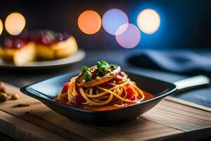 Spaghetti mit Tomate Soße und Fleisch auf ein hölzern Tafel. KI-generiert foto