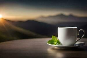Kaffee Tasse mit ein Aussicht von das Berge. KI-generiert foto